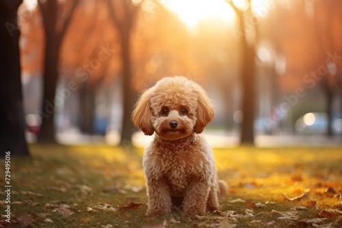Apricot toy poodle is sitting in the park