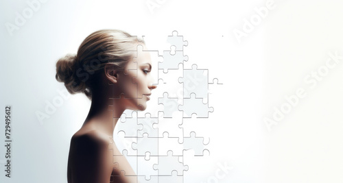 Woman profile made of jigsaw puzzle pieces, concept of mental health, disorder