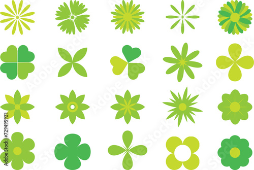 Flower icons eco set. Green leaves nature flat design elements. Organic environment badges. Ecology sticker collection isolated on white background