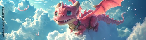 A majestic dragon soars through the sky, its cartoon-like appearance blending seamlessly with the fluffy clouds as if straight out of an anime