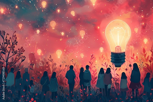 A group of mesmerized individuals marvel at the dazzling display of an outdoor light bulb, reminiscent of the explosion and wonder of fireworks