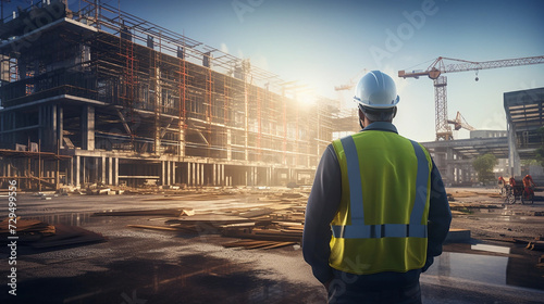 Back view of an engineer looking at a building site