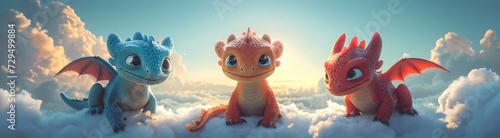 A whimsical animated dragon soars gracefully through the vibrant sky, perched upon a fluffy cloud in a captivating cg artwork that captures the essence of playful anime and charming cartoon style