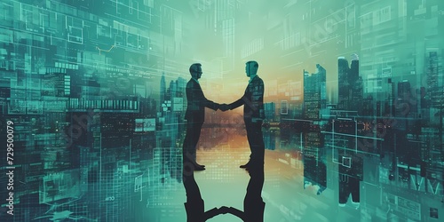Two figures meet in a digital world, their hands clasped in a symbol of agreement, framed by the towering cityscape and mirrored in its glassy reflection
