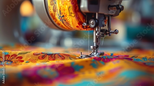 A close-up of a sewing machine needle piercing multiple layers of vibrant cloth, Generative AI.