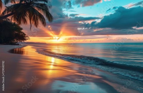 Sunset at the Beach, Golden Hour on the Shore, Serene Ocean Scene with Palm Trees, Calming Sunset Over Sandy Beach.