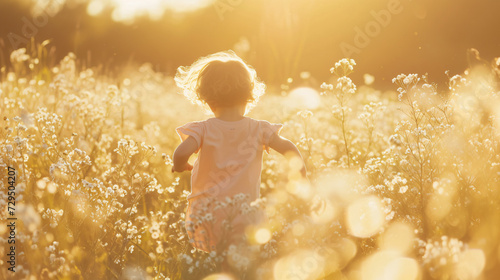 A child running through a field of flowers with sunlight highlighting their soft bouncing curls.