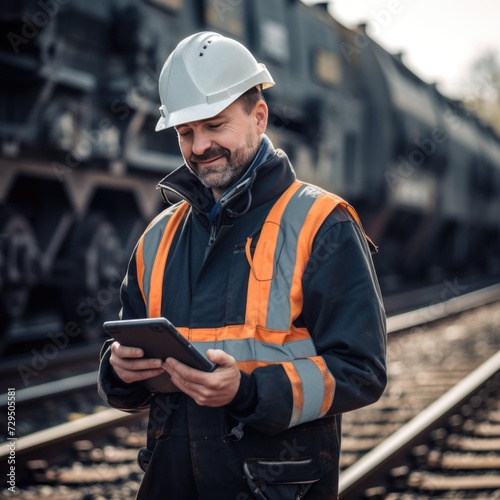 Railway engineer near the rail track with his tablet