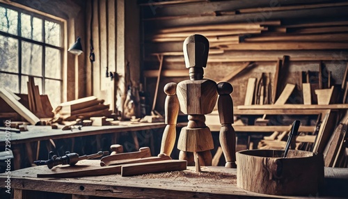 carpentry workshop with wooden mannequin