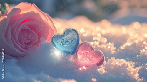 Winter snow season with 2 brightly colored heart-shaped gems, light pink, light blue transparent gems on white snow, and a bouquet of pink roses set off, gems engraved with the word "love"