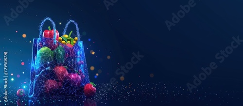 Futuristic 3d paper bag groceries with fruits and vegetables in dark blue background. AI generated