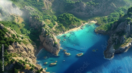 Aerial view of a remote coastline with dramatic cliffs plunging into the azure sea below, secluded beaches nestled between rocky outcrops