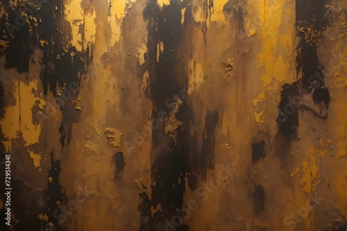 Closeup of abstract gold and black texture background. Visible oil, acrylic brushstroke, pallet knife paint on canvas. Contemporary art painting.