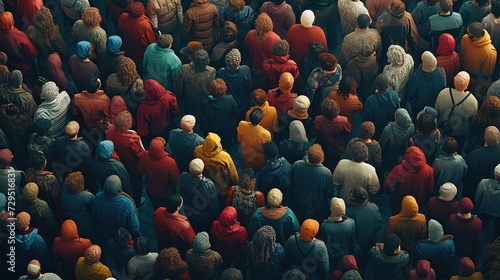 Aerial view of a large, diverse group of people gathering, showcasing a variety of clothing and headwear.
