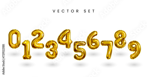 Set of gold isolated numbers. Gold yellow metallic letter. Bright metallic 3D, realistic vector illustration