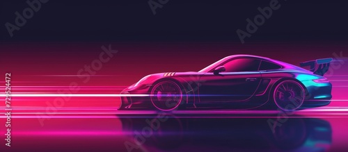 Side view fast speed sport car silhouette on neon glowing modern style. AI generated image