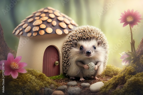 A small, cute hedgehog, near his fairy-tale house. Hedgehog's house. AI generated.