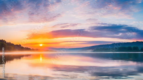 Panorama piękny wschód słońca nad jeziorem