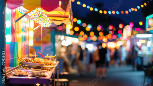 Vibrant evening street food market scene with illuminated food trucks and bustling crowd of customers, embodying urban nightlife. 