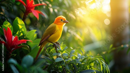 Bright exotic bird in a tropical garden, sunlight.