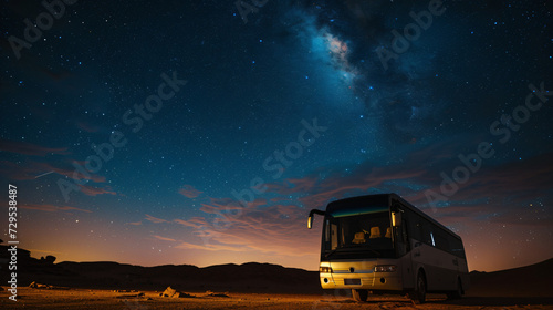 A night shot of a vacation bus parked under a sky full of stars at a remote desert location.