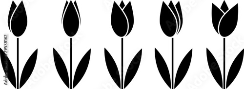 Tulip flower icon vector set. Simple tulip silhouette sign .Black tulip flowers with leaves line icons collection .