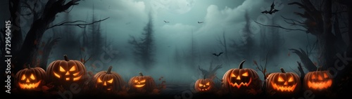 Grinning pumpkins in the moonlight - a spooky, carved celebration with a haunted, foggy background.