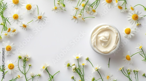 Cream made of chamomile flowers set over a white backdrop with flowers and space, Generative AI.