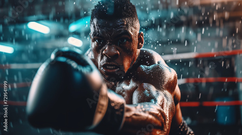 A powerful shot of a professional boxer throwing a punch sweat flying in a high-contrast gym setting.