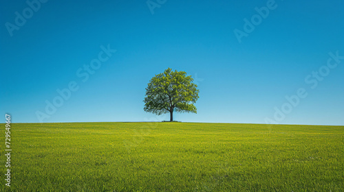 A serene image of a lone tree in a vibrant green meadow under a clear blue sky symbolizing peace and growth.