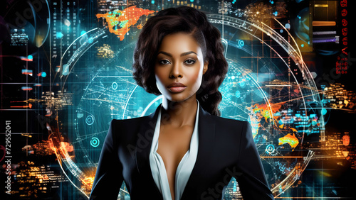 Attractive black woman in a business suit on a futuristic abstract background. Financial consultant, broker, dealer. The concept of a successful career in the financial sector.