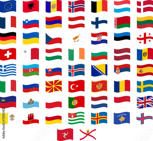 Europe flag set. Vector country waving flags icons, illustrations.