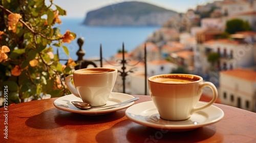 Traditional Greek coffee on the balcony with a beautiful Greek Mediterranean city in the background, A cup of coffee or tea on a blurred background of the evening Greek seascape.