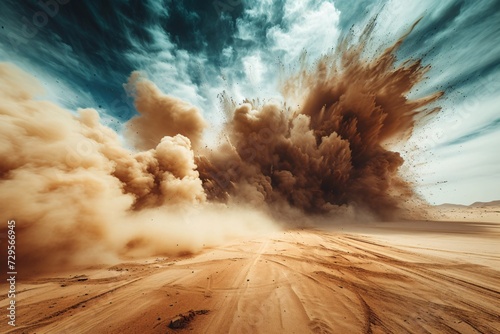 Massive blast echoes, sand swirls in the air. Dangerous detonation triggers chaos, sky obscured by smoke.