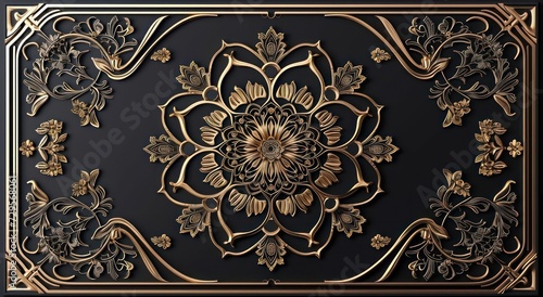 3D wallpaper design for a ceiling featuring a black and golden mandala decoration model against a decorative frame background.