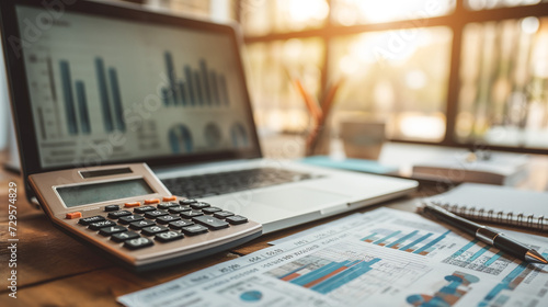 An office desk of an accountant or financial advisor with calculator, laptop and financial documents and charts