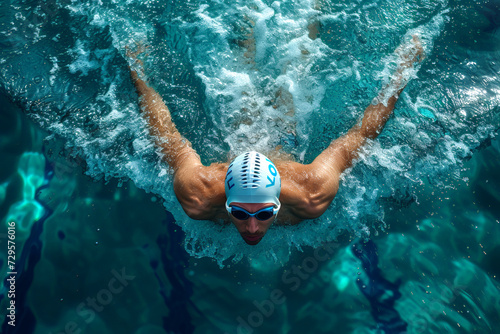 Swimmer swimming in Olympic swimming pool. Professional determined athlete for the Championship.