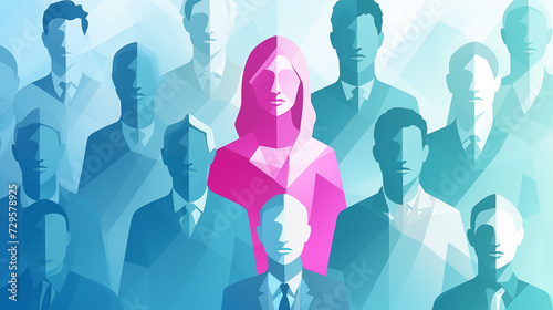 Generative AI illustration of low poly pink businesswoman highlighted in a crowd of blue businessmen