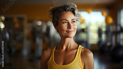 A determined woman with a bright yellow tank top showcases her strength and dedication as she lifts a dumbbell at the gym, her muscles flexing and her face focused on achieving her fitness goals
