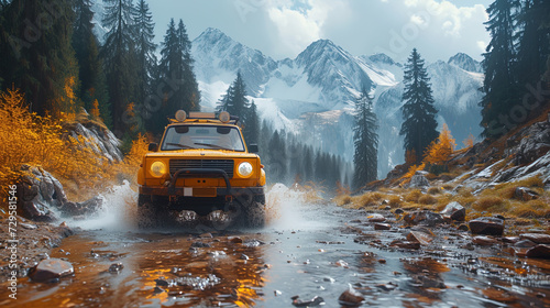 A vibrant yellow 4x4 vehicle conquers a muddy trail amidst autumnal trees, under the watch of distant snowy mountains, encapsulating the thrill of off-road adventure.