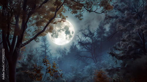 bright full moon illuminates a misty forest with various trees under a night sky, creating a mysterious and enchanting atmosphere