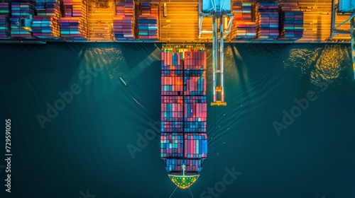 Top view container cargo ship working at night, Business logistic and transportation. Generative Ai