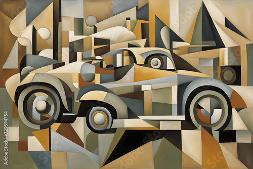 cubist style abstract painting of an old fashioned racing cars surrounded by geometric shapes