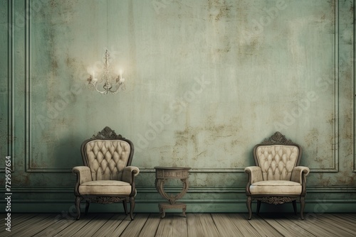 Scandinavian interior design in vintage retro shabby chic style with antique shabby wall