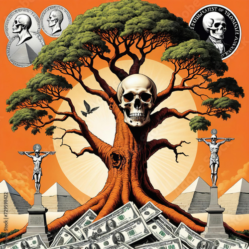 Illuminati Conspiracy - Skull and Bones guarding a money tree, sensationalist tabloid cover illustration in day-glow orange with hidden symbolism Gen AI