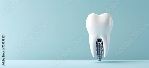 Human molar implant with steel pin on blue background. Removed teeth recovery technique with dental prothesis. Dentistry service development