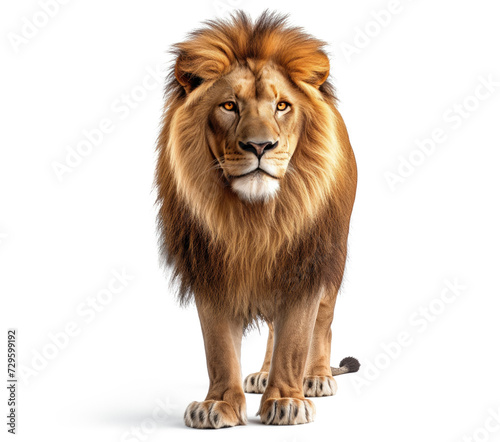 Majestic male lion standing isolated on white background. Front view