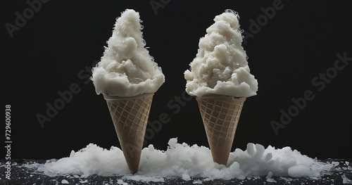 two ice cones sitting side by side on a black surface