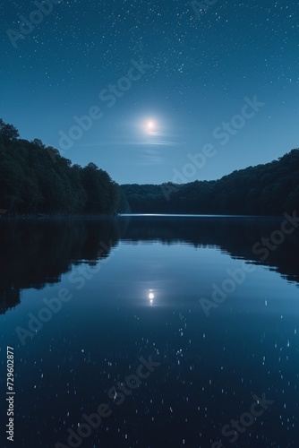A serene, minimalistic moonlit night sky over a calm, reflective lake