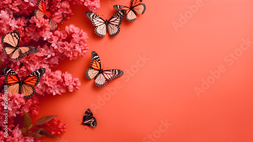 Spring Two Butterflies Colored Cartoon Free Vector,, Orange monarch butterflies and pink flowers on a bright red background summer spring background free space for text